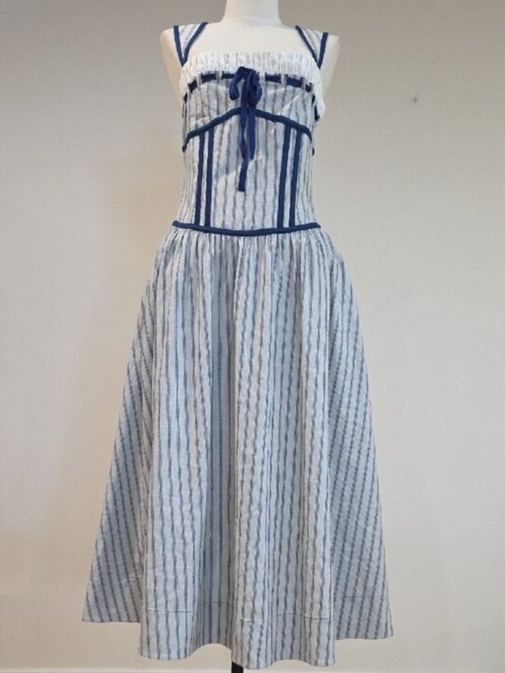 NEW $329 FOR LOVE AND LEMONS LINEN STRIPE MIDI DRESS IN BLUE SIZE S